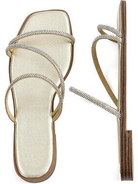 🆕 Women's Gold Rhinestone Strappy Flat Slide Sandals Square Open Toe Glitz Shoe